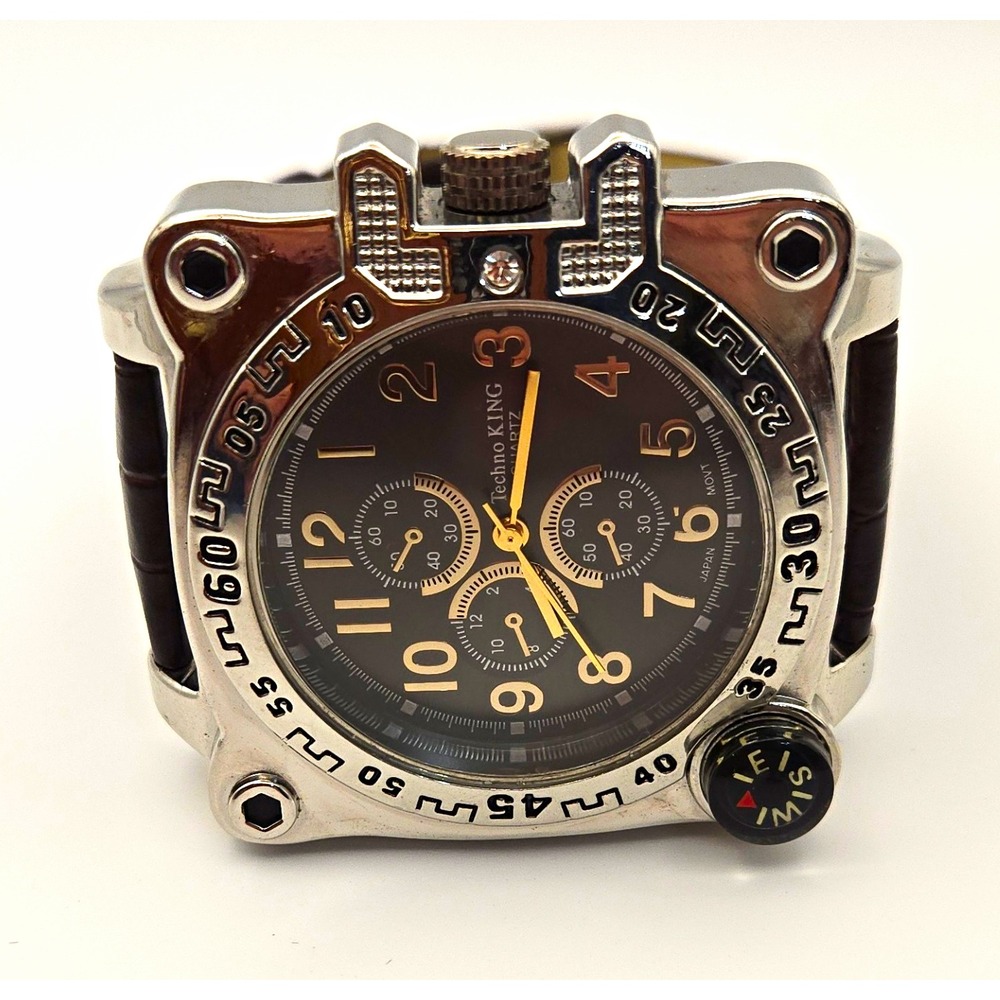 Mens Techno King Quartz Chrono Square 50mm Watch Silver Case Black Dial Compass